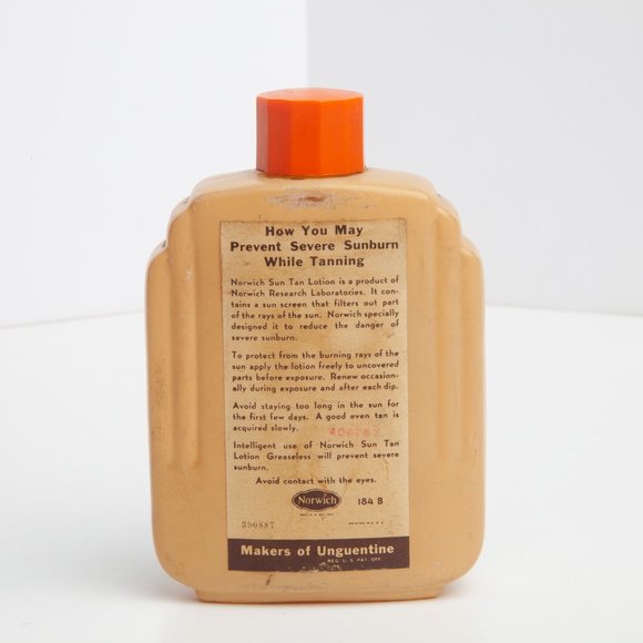 Vintage MCM Glass Bottle  - Norwich Greaseless Sun Tan Lotion - Apothecary Beach - Picture 3 of 14